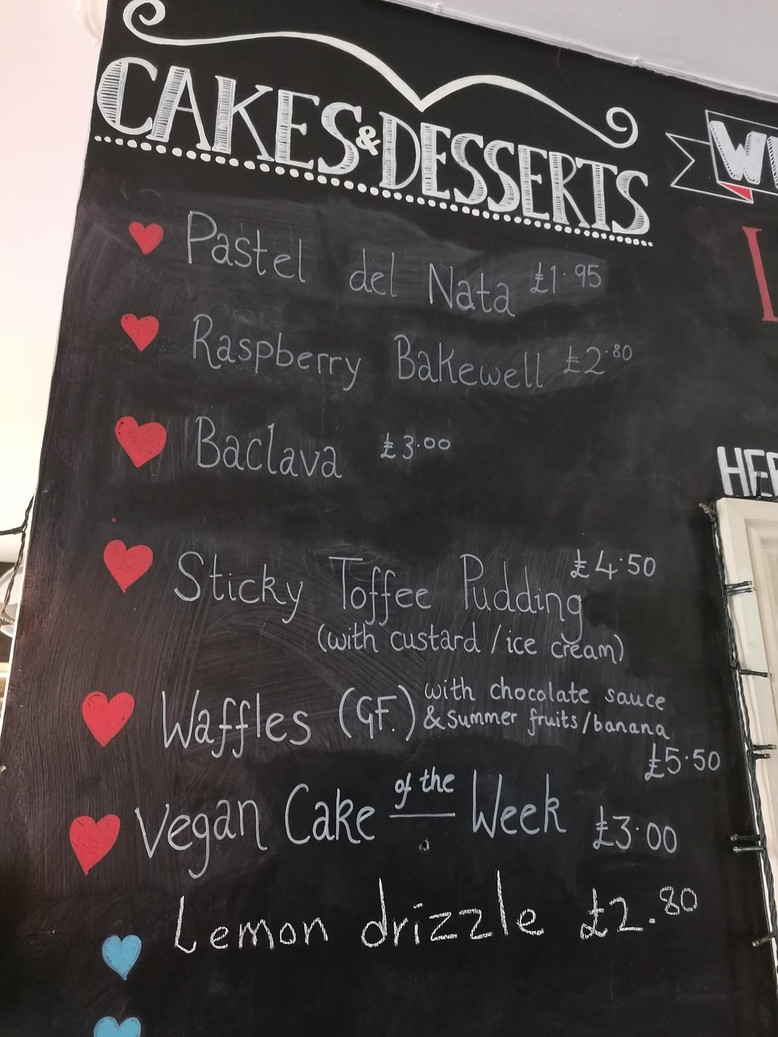 Photo of Leila's Kitchen Desserts Specials Board - see below for text version
