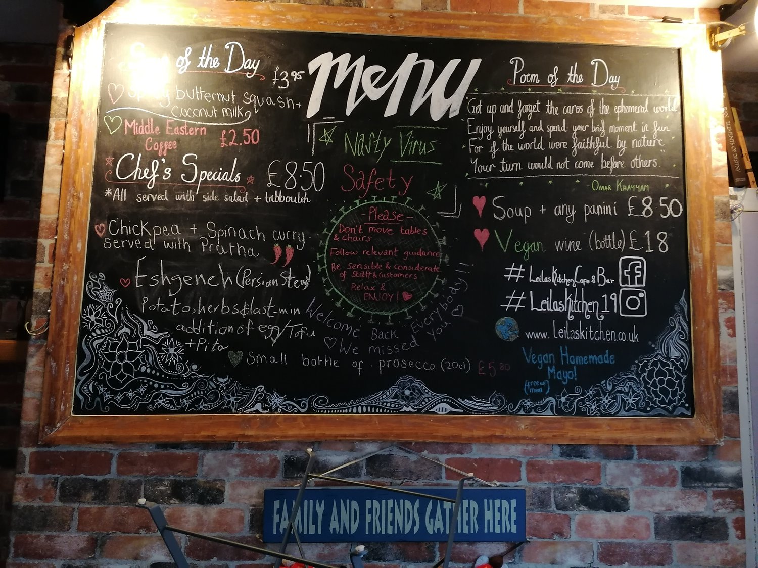 Photo of Leila's Kitchen Specials Board - see below for text version